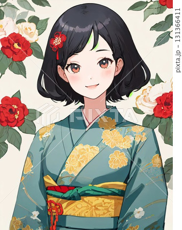 花柄の着物を着た女の子のイラスト 花柄の着物を着た女の子のイラスト 131366411