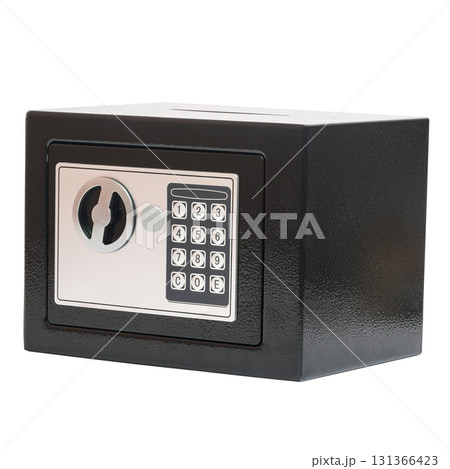 Black electronic safe with keypad and key lock isolated on white background Black electronic safe with keypad and key lock isolated on white background 131366423
