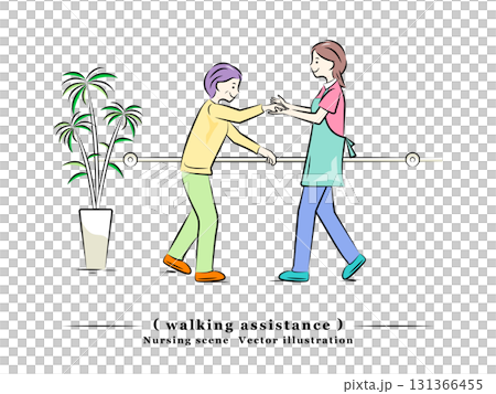 護理人員協助老年婦女扶著扶手行走 | 護理系列 131366455