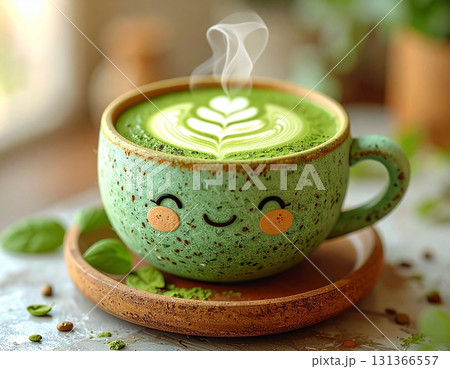 笑顔のカップに入った可愛い抹茶ラテのフェルト風ファンタジーイラスト 笑顔のカップに入った可愛い抹茶ラテのフェルト風ファンタジーイラスト 131366557