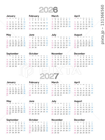 2026-2027年 年間カレンダー 日曜始まり 日本の祝日表記はありません 131366560