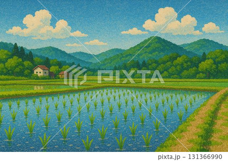 5月の田んぼ　田植え直後　田植え　里山風景　砂絵風 131366990