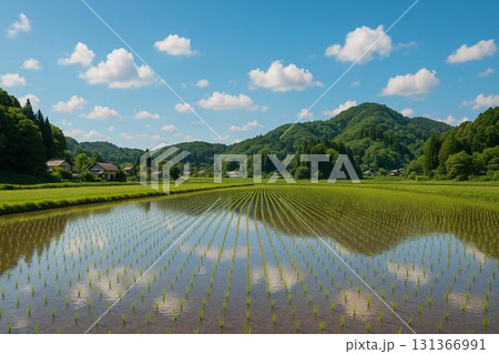 5月の田んぼ　田植え直後　田植え　里山風景　フォトリアル 131366991