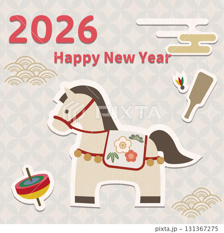 正方形サイズ・和風モチーフの2026年午年のスマホ用年賀状素材 131367275