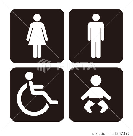 黒い背景のトイレピクトグラム　男女　車椅子　赤ちゃん　ベクターイラスト素材 131367357