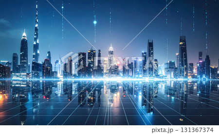 水に映り込む未来都市の風景 131367374