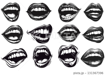 Woman's Lips and Mouth Expressions Vector Set. Pop Art Style Smile Silhouette Vector Collection. Woman's Lips and Mouth Expressions Vector Set. Pop Art Style Smile Silhouette Vector Collection. 131367396