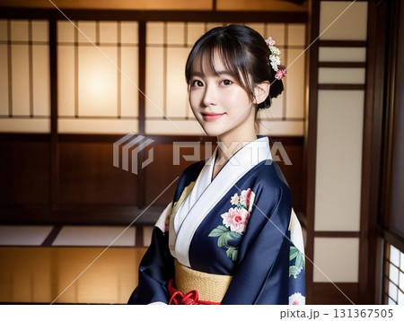 和室の廊下に立つ黒留袖の女性 131367505