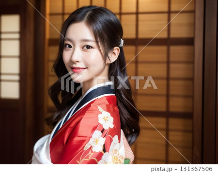 古民家の和室でくつろぐ若く美しい着物女性 131367506