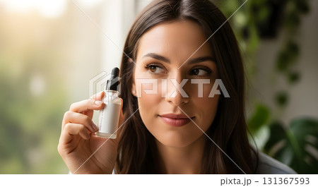 Woman holding serum bottle, skincare beauty product near window 131367593
