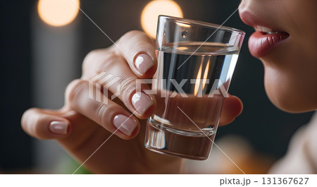 Woman drinking clear liquid from a shot glass, closeup. 131367627
