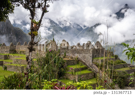 Panoramic view of Machu Picchu ruins surrounded by misty mountains, Peru Panoramic view of Machu Picchu ruins surrounded by misty mountains, Peru 131367713