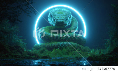 Giant snake glowing neon circle jungle night mysterious fantasy surreal dramatic reptile nature 131367770