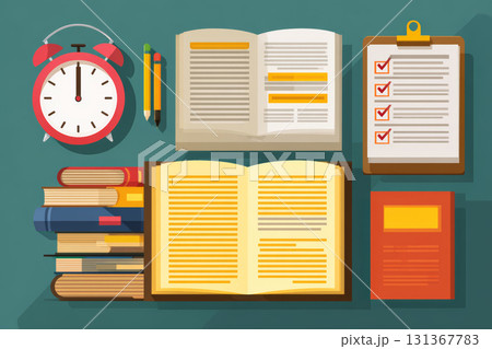 Open book, stack of books, alarm clock, clipboard with checklist, and stationery on green table, study and productivity concept Open book, stack of books, alarm clock, clipboard with checklist, and stationery on green table, study and productivity concept 131367783