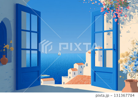 Open blue window white wall sea view sailboat Mediterranean village terracotta roof summer flower peaceful sunny Open blue window white wall sea view sailboat Mediterranean village terracotta roof summer flower peaceful sunny 131367784