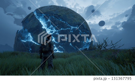 Lone explorer stands in grassy field at dusk, gazing at massive cracked sphere glowing with blue energy, evoking awe and mystery 131367795