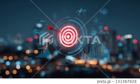 Target dart bullseye digital futuristic city night success achievement focus glowing abstract concept business technology illuminated data graph 131367828