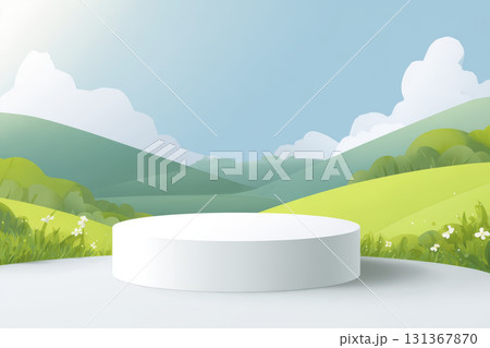 White round podium outdoor green hills blue sky sunlight nature landscape empty stage peaceful fresh White round podium outdoor green hills blue sky sunlight nature landscape empty stage peaceful fresh 131367870