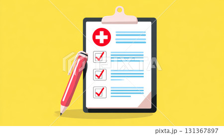 Medical checklist, clipboard, red pen, healthcare document, check marks, and blue text on yellow background, conveying organization and clarity Medical checklist, clipboard, red pen, healthcare document, check marks, and blue text on yellow background, conveying organization and clarity 131367897