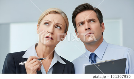 Contemplative business colleagues pondering a decision, looking upwards in thought 131367950