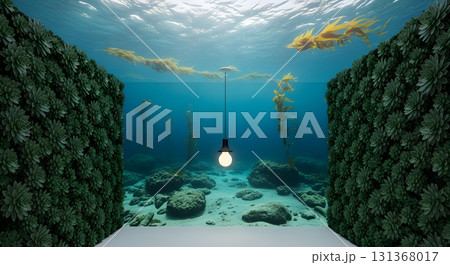 Underwater garden with kelp forest and a whimsical light bulb. 131368017
