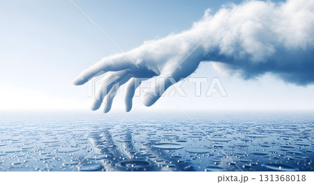 Cloud Hand Reaching Over Water Surface With Reflections and Bubbles 131368018