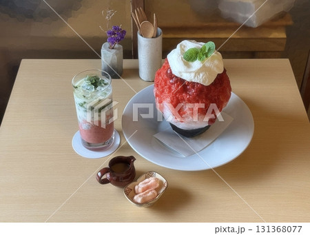 A refreshing bowl of bingsu, topped with fluffy shaved ice, vibrant fruits, and sweet toppings. Perfect for summer treats, this Korean dessert captures the essence of indulgence and delight. 131368077