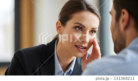 Businesswoman whispering secret to male colleague in modern office Businesswoman whispering secret to male colleague in modern office 131368211
