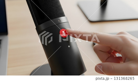 Muting Microphone A Finger Presses the Mute Button on a Microphone 131368265
