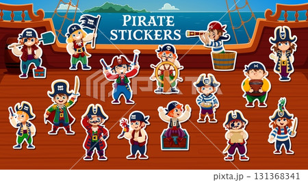 Kid pirate and corsair characters stickers, children sailors on ship sailboat, cartoon vector. Caribbean pirates kids in captain tricorne hat, boatswain with parrot and corsair with treasure chest Kid pirate and corsair characters stickers, children sailors on ship sailboat, cartoon vector. Caribbean pirates kids in captain tricorne hat, boatswain with parrot and corsair with treasure chest 131368341