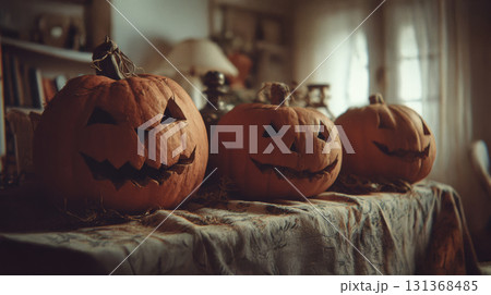 Three carved pumpkin jack o lanterns with scary...のイラスト素材 [131368485 ...