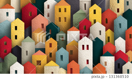 Colorful textured houses with various shapes and sizes create vibrant and cheerful urban pattern in this artistic abstract design Colorful textured houses with various shapes and sizes create vibrant and cheerful urban pattern in this artistic abstract design 131368510
