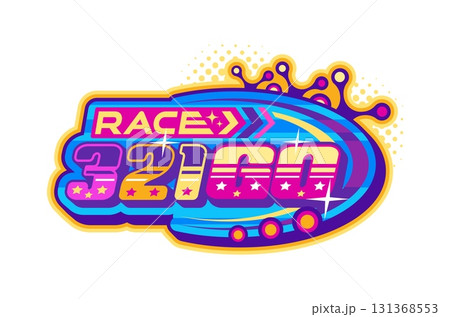 Car speed race sport grad prix Y2K retro icon or sign. Speed racing motorsport Y2K vector sign, drag race competition retro emblem.championship symbol with vibrant colors typography 131368553