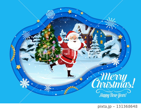 Christmas paper cut banner with Santa on ice skates and Xmas tree, cartoon vector. Merry Christmas and Happy New Year greeting card with funny Santa skating on ice rink in paper cut snow or snowflakes Christmas paper cut banner with Santa on ice skates and Xmas tree, cartoon vector. Merry Christmas and Happy New Year greeting card with funny Santa skating on ice rink in paper cut snow or snowflakes 131368648
