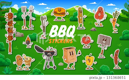 Stickers of groovy BBQ or barbeque characters on grill picnic, cartoon vector. Kids stickers of funny groovy barbecue steak with funky cheeseburger, charcoal grill with freaky smile, sausage and fork 131368651