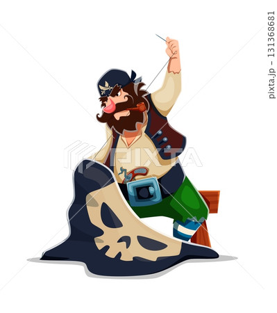 Cartoon pirate tailor ship crew character sitting on stool sewing a black skull flag with determined and focused expression. Vector sea corsair personage with traditional clothing and smoking a pipe Cartoon pirate tailor ship crew character sitting on stool sewing a black skull flag with determined and focused expression. Vector sea corsair personage with traditional clothing and smoking a pipe 131368681