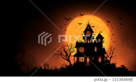 Haunted house silhouette with bats flying in front of large glowing full moon and spooky trees at night 131368698