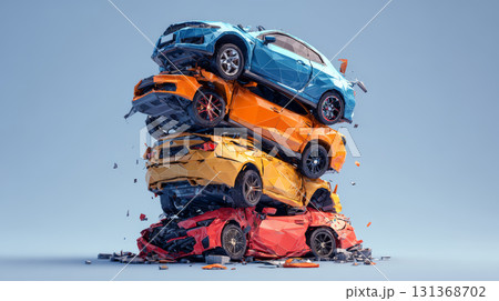 Crashed cars stacked in pile with damaged blue, orange, yellow, and red vehicles under clear sky, showing destruction and impact Crashed cars stacked in pile with damaged blue, orange, yellow, and red vehicles under clear sky, showing destruction and impact 131368702
