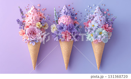 Ice cream cones decorated with pastel flowers and small heart shapes create charming and delicate springtime dessert scene 131368720
