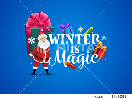 Winter is magic Christmas quote greeting card, festive holiday winter banner, radiates celebration, with cartoon Santa Claus character carrying a giant gift box surrounded by snowflakes and fireworks Winter is magic Christmas quote greeting card, festive holiday winter banner, radiates celebration, with cartoon Santa Claus character carrying a giant gift box surrounded by snowflakes and fireworks 131368910