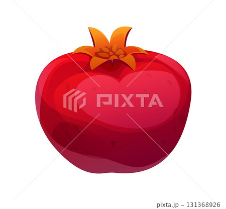 Cartoon raw ripe garnet fruit, bright red pomegranate with a glossy peel and crown top. Isolated vector tropical exotic fruit, emphasizing health, fresh nutrition, and healthy natural organic food 131368926