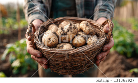 Freshly harvested potatoes covered in soil held in rustic woven basket by dirty hands in garden setting with green plants in background 131368927