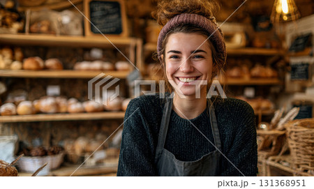 Smiling young woman wearing apron and headband standing in bakery with shelves of bread and warm lighting creating cozy atmosphere 131368951