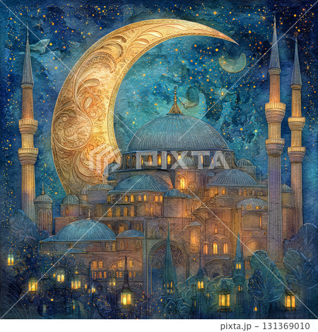 Golden crescent moon shines over illuminated mosque with tall minarets under starry night sky, creating magical and peaceful atmosphere 131369010