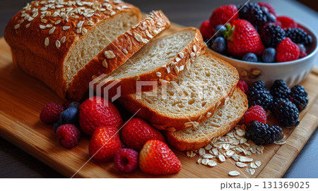 Oat bread slices with fresh strawberries, raspberries, blackberries, and blueberries wooden cutting board creating colorful and healthy breakfast 131369025