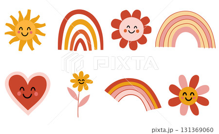 Cute Groovy Retro Doodle Vector Set. 70s Hippie Sun, Rainbow, and Flower Vector Characters. 131369060