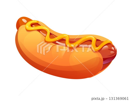 Cartoon fast food hot dog topped with mustard drizzle nestled in a soft bun. Isolated vector takeaway snack, scrumptious mouth watering treat with juicy sausage and fresh toppings, festival cuisine 131369061