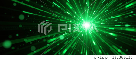 Green radial light burst with glowing particles and streaks creating dynamic futuristic energy effect in dark space 131369110