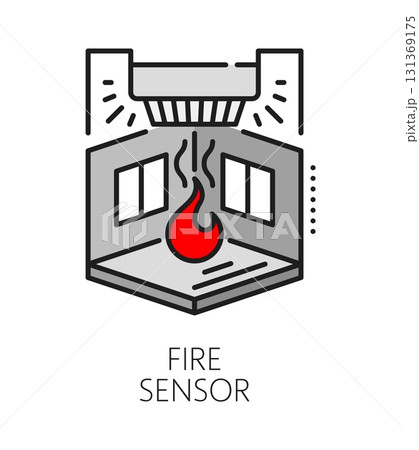Home security fire sensor color line icon or symbol. Property security technology outline vector sign, house protection company icon. Home safety service symbol with fire smoke alarm sensor and room Home security fire sensor color line icon or symbol. Property security technology outline vector sign, house protection company icon. Home safety service symbol with fire smoke alarm sensor and room 131369175