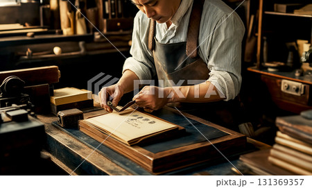 An old man is focusing on bookbinding in studio, carpentry, craftsmanship and handwork concept. Traditional Japanese style An old man is focusing on bookbinding in studio, carpentry, craftsmanship and handwork concept. Traditional Japanese style 131369357
